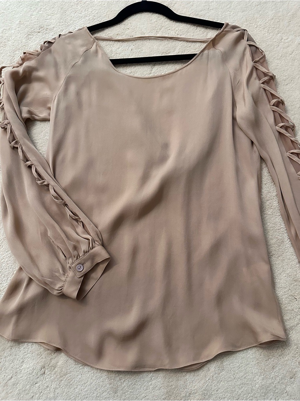 Haute Hippie Silk Blush Taupe Long-Sleeve Lace-Up Sleeve Blouse